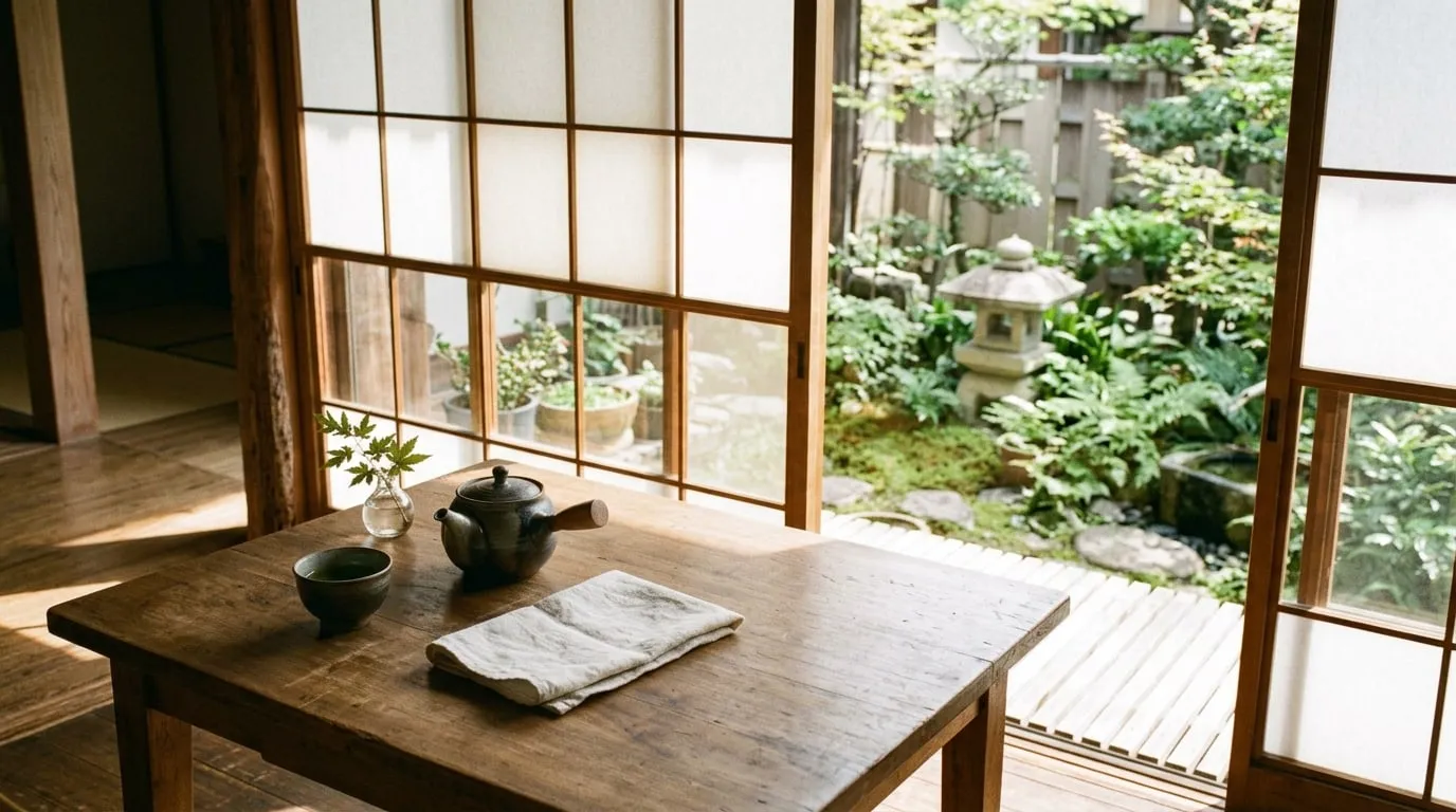 A wooden table with a teapot and a cup of green tea beside sliding paper screens that open onto a small garden.