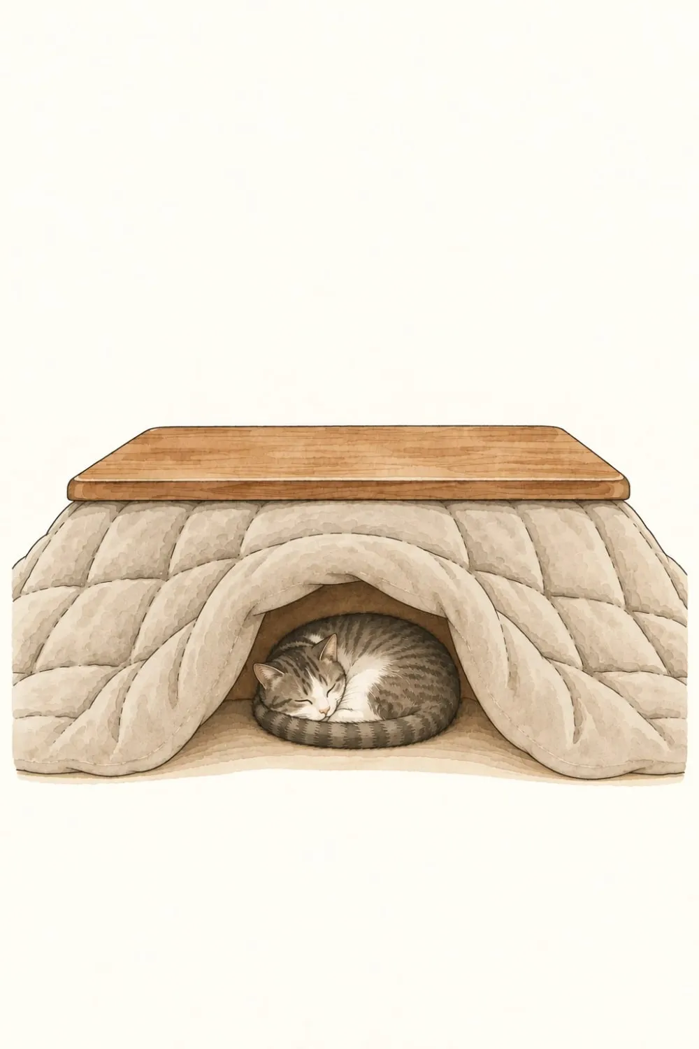 An illustration of a cat curled up asleep under a kotatsu quilt.